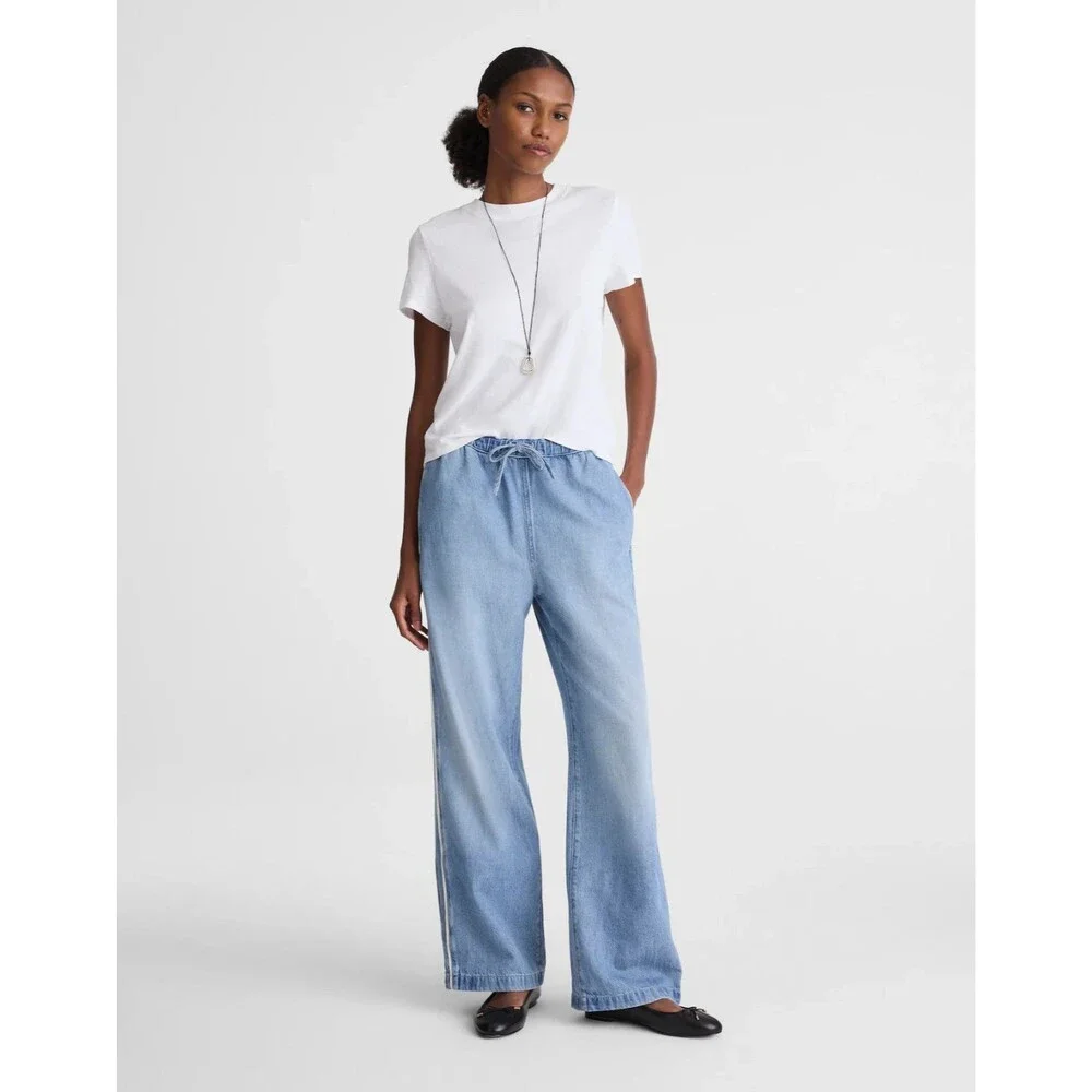 MADEWELL Pull-On Track Pants In Airy Denim L Faded Horizon Relaxed NWT B84